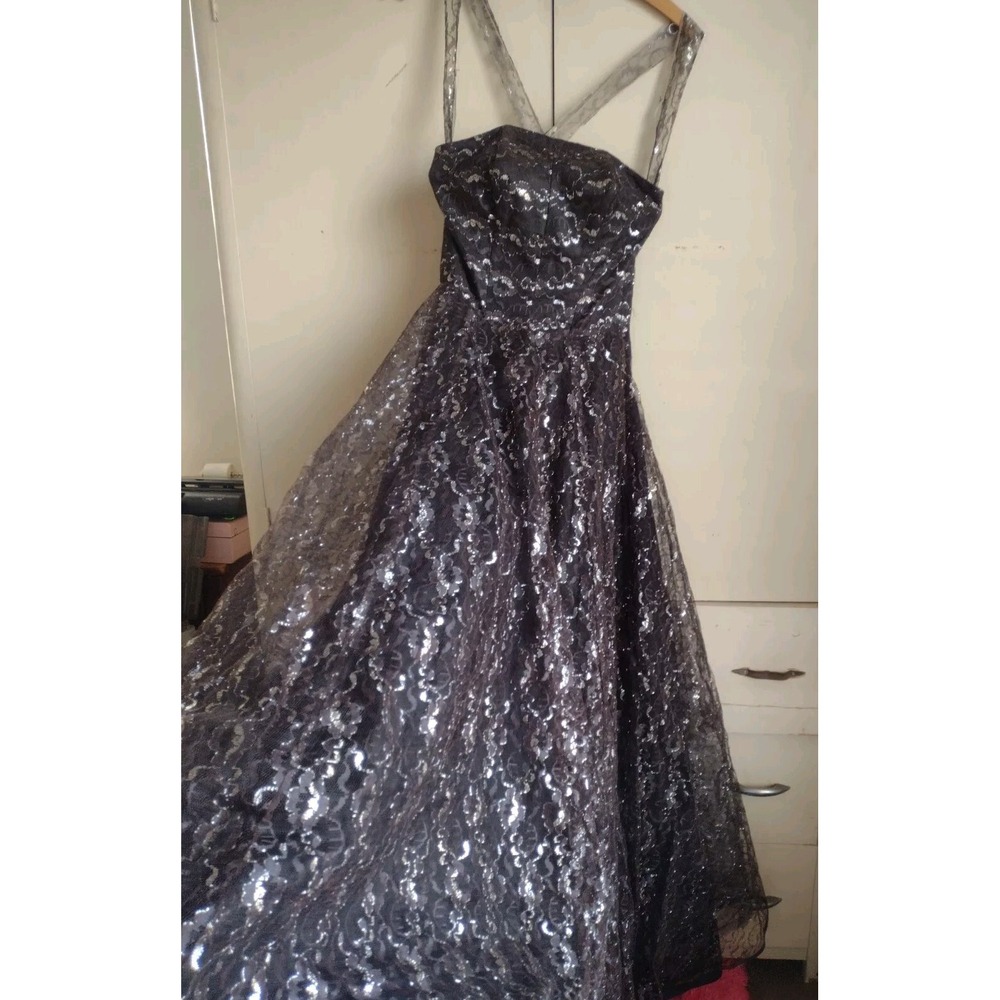 VTG 50s Lace Prom Dress Nip Waist Full Skirt Pinup Whimsigoth Mid Century 60s